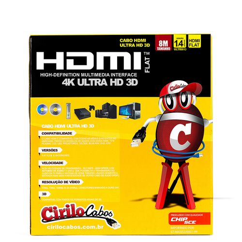 Cabo HDMI 1.4 8 Metros Flat Ultra HD 3D