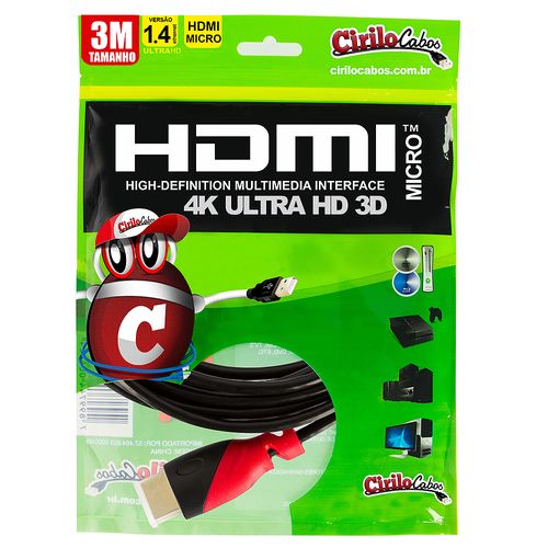 Cabo MICRO HDMI para HDMI 1.4 Ultra HD 3D, 3 metros - Cirilo Cabos