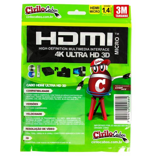 Cabo MICRO HDMI para HDMI 1.4 Ultra HD 3D, 3 metros - Cirilo Cabos