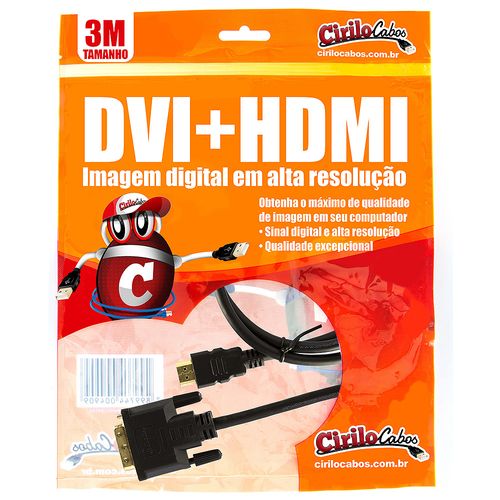 Cabo DVI para HDMI, 3 metros - Cirilo Cabos