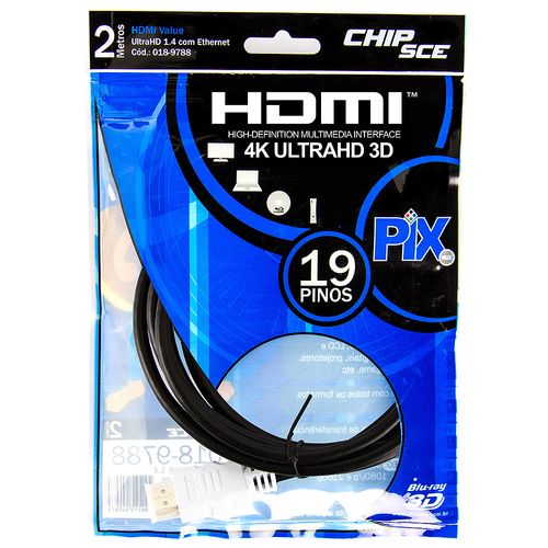 Cabo HDMI, 4K, UltraHD, 3D, 19 pinos, 2 metros - Chipsce