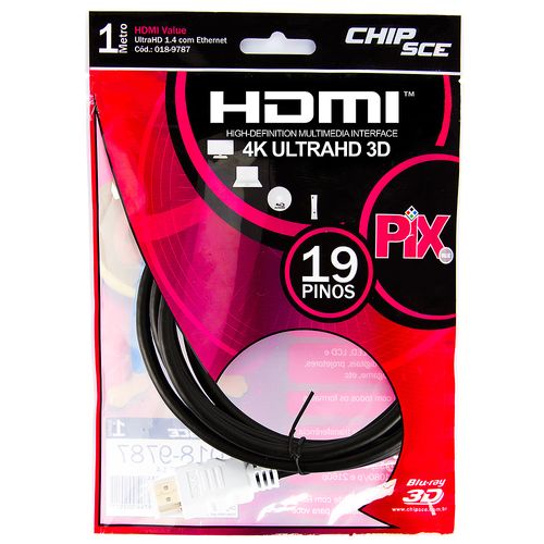Cabo HDMI, 4K, UltraHD, 3D, 19 pinos, 1 metro - Chipsce