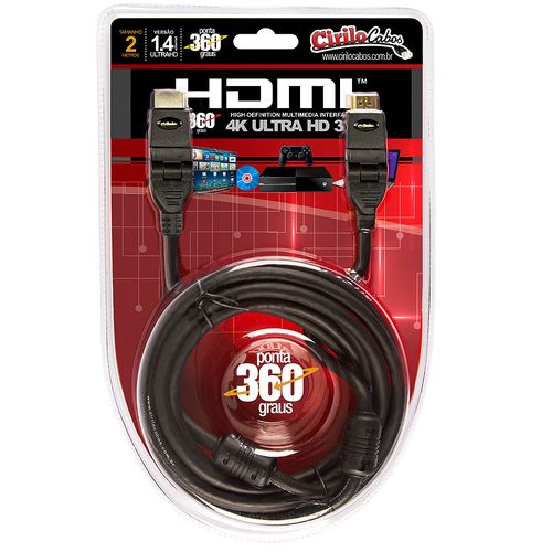 Cabo HDMI 1.4, 360 graus, 4K Ultra HD, 2 metros - Cirilo Cabos