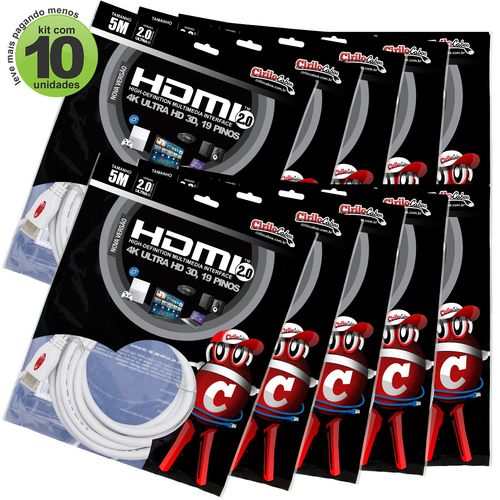 Kit com 10 Cabos HDMI 2.0 4K Ultra HD 3D, Branco - 5 metros
