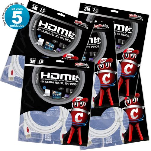 Kit com 5 Cabos HDMI 2.0 4K Ultra HD 3D, Branco - 3 metros