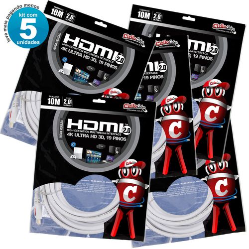 Kit com 5 Cabos HDMI 2.0 4K Ultra HD 3D, Branco - 10 metros