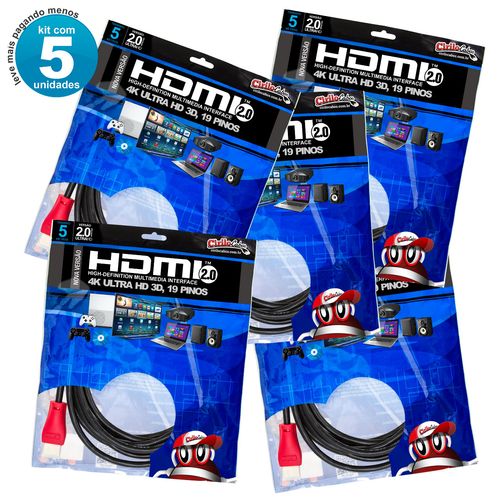 Kit com 5 Cabos HDMI 2.0 Premium Ultra HD 4K, Cirilo Cabos - 5m