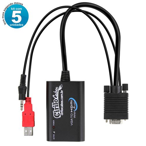 Kit com 5 Conversores VGA para HDMI com Áudio USB