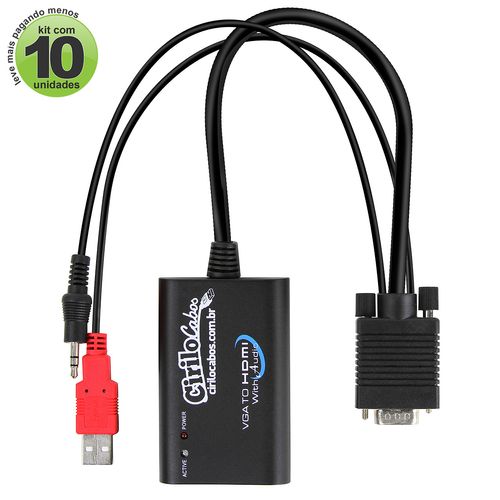 Kit com 10 Conversores VGA para HDMI com Áudio USB