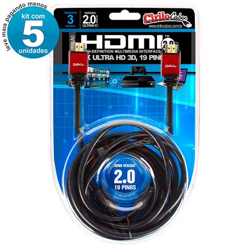 Kit com 5 Cabo HDMI Versão 2.0, 19 Pinos, 4K, Ultra HD, 3D - 3 metros
