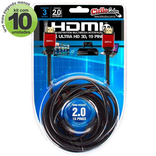 Kit com 10 Cabo HDMI Versão 2.0, 19 Pinos, 4K, Ultra HD, 3D - 3 metros