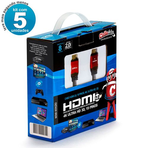 Kit com 5 Cabo HDMI Versão 2.0, 19 Pinos, 4K, Ultra HD, 3D - 8 metros