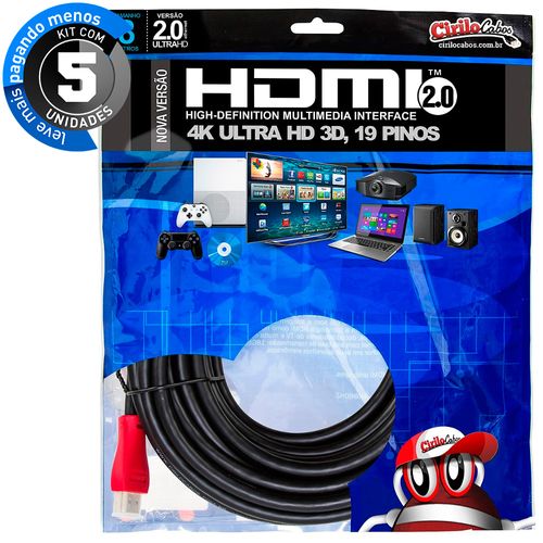 Kit com 5 Cabos HDMI 2.0 Premium Ultra HD 4K, Cirilo Cabos - 8m