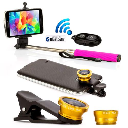 Pau de Selfie Bastão Monopod com controle + 3 Lentes Universal Rosa