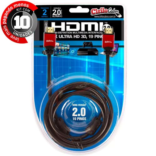 Kit 10 Cabos HDMI Versão 2.0, 19 Pinos, 4K, Ultra HD, 3D - 2 metros