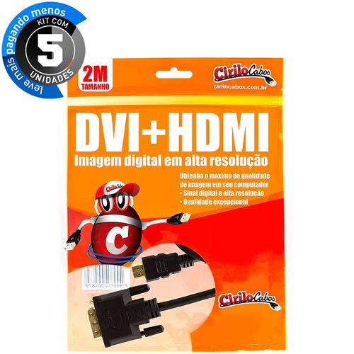 Kit com 5 Cabos DVI para HDMI, 2 metros - Cirilo Cabos