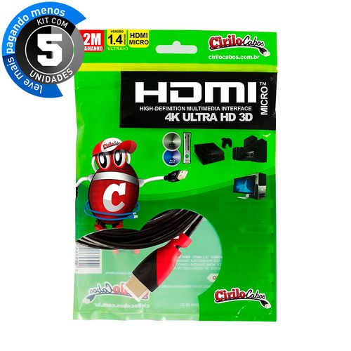 Kit com 5 Cabos MICRO HDMI para HDMI 1.4 Ultra HD 3D, 2 metros - Cirilo Cabos
