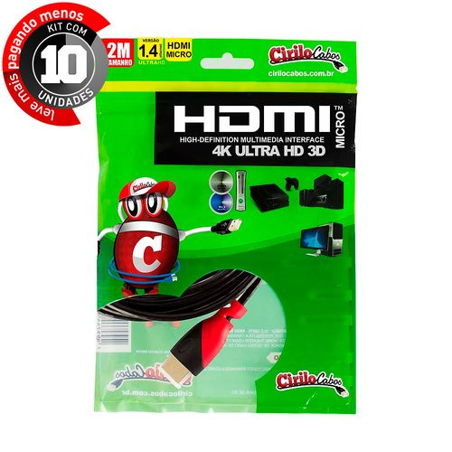 Kit com 10 Cabos MICRO HDMI para HDMI 1.4 Ultra HD 3D, 2 metros - Cirilo Cabos