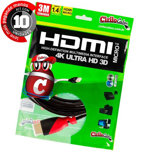 Kit com 10 Cabos MICRO HDMI para HDMI 1.4 Ultra HD 3D, 3 metros - Cirilo Cabos