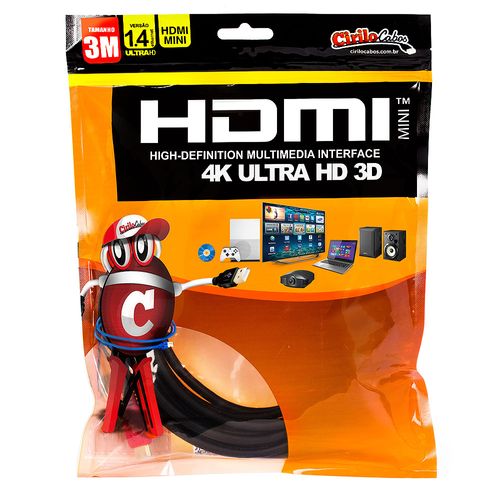 Cabo MINI HDMI para HDMI 1.4 Ultra HD 3D, 3 metros - Cirilo Cabos