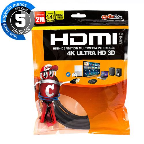 Kit com 5 Cabos MINI HDMI para HDMI 1.4 Ultra HD 3D, 2 metros - Cirilo Cabos