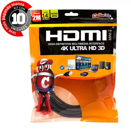 Kit com 10 Cabos MINI HDMI para HDMI 1.4 Ultra HD 3D, 2 metros - Cirilo Cabos