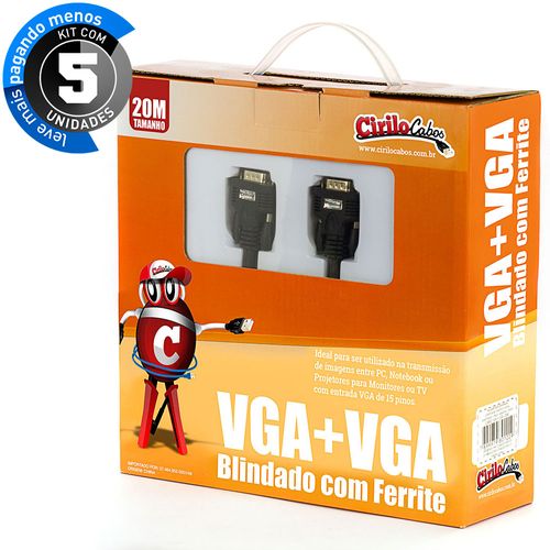 Kit com 5 Cabos VGA Blindado com Ferrite, 20 metros - Cirilo Cabos