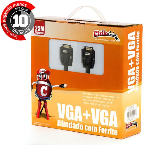 Kit com 10 Cabos VGA Blindado com Ferrite, 25 metros - Cirilo Cabos