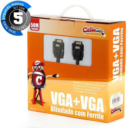 Kit com 5 Cabos VGA Blindado com Ferrite, 50 metros - Cirilo Cabos