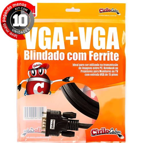 Kit com 10 Cabos VGA Blindado com Ferrite, 5 metros - Cirilo Cabos