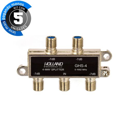 Kit com 5 Divisores de Sinal de Antena 1x4 Blindado para UHF, VHF, CATV e Satélite
