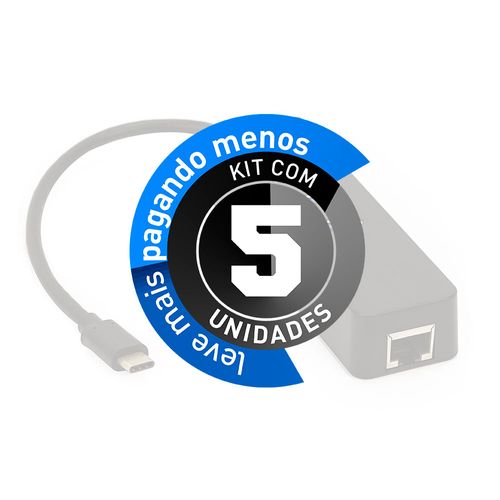 Kit com 5 Hub Adaptador USB-C com 3 portas USB e Rede