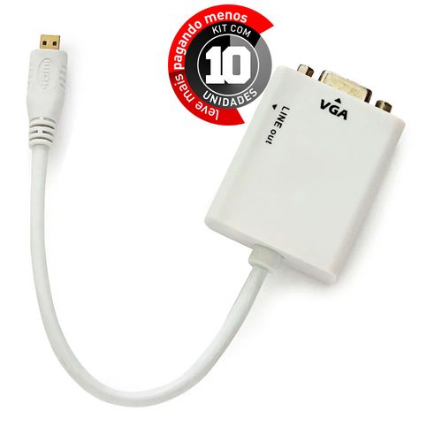Kit com 10 Cabos Adaptador Micro HDMI para VGA com Áudio