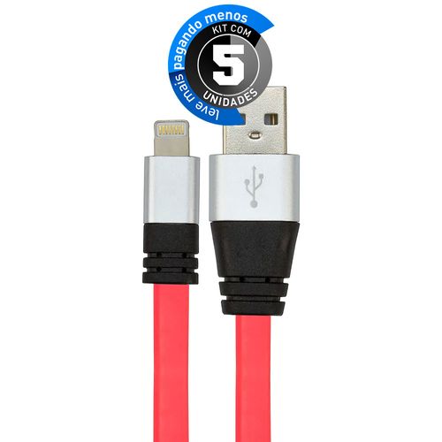 Kit com 5 Cabos USB Silicone Carregador e Dados iPhone 5 até 10 Rosa