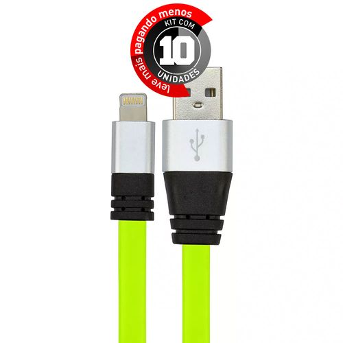 Kit com 10 Cabos USB Silicone Carregador e Dados iPhone 5 até 10 Verde