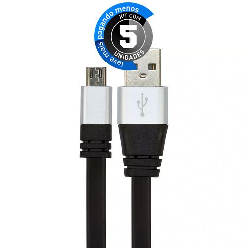 Kit com 5 Cabos Micro USB Flat Celular de Silicone Carregador e Dados Preto