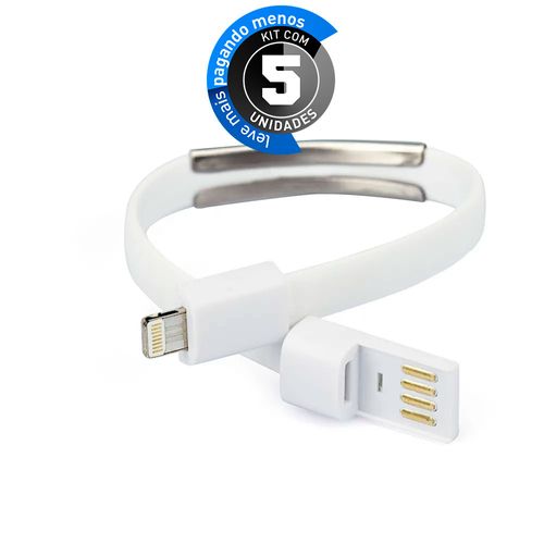 Kit com 5 Pulseiras Carregadora via USB, iPhone 6, 5, 5S, 5C, iPod, iPad Branco