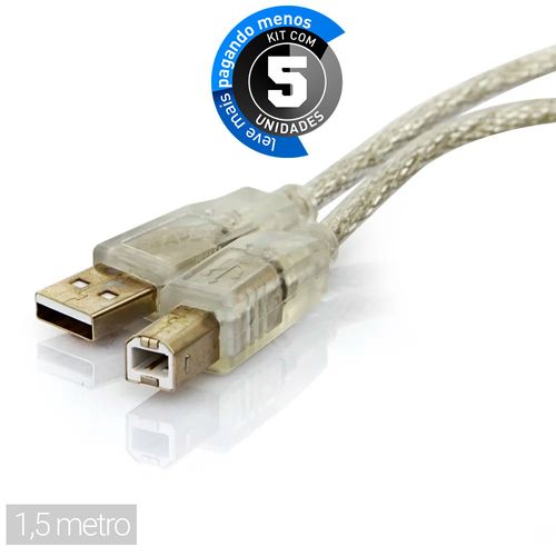 Kit com 5 Cabo USB Impressora A+B - 1,5 metro