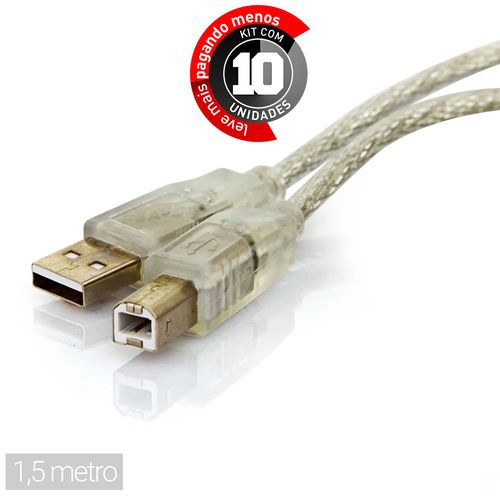 Kit com 10 Cabo USB Impressora A+B - 1,5 metro