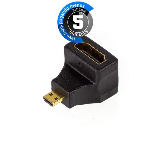Kit com 5 Adaptador Micro HDMI Macho para HDMI Fêmea 90° Graus