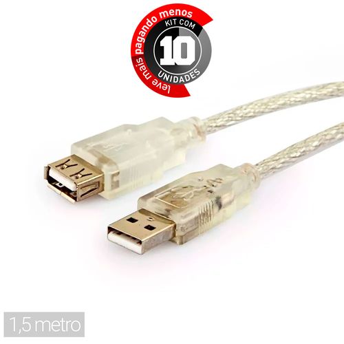 Kit com 10 Cabo Extensor USB Macho Fêmea - 1,5 metro