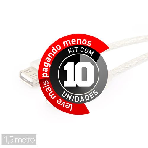 Kit com 10 Cabo Extensor USB Macho Fêmea - 1,5 metro
