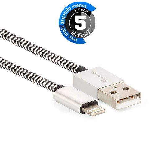 Kit 5 Cabo Lightning para USB Revestido com Tecido - Preto - 2,5m