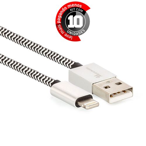Kit 10 Cabo Lightning para USB Revestido com Tecido - Preto - 2,5m