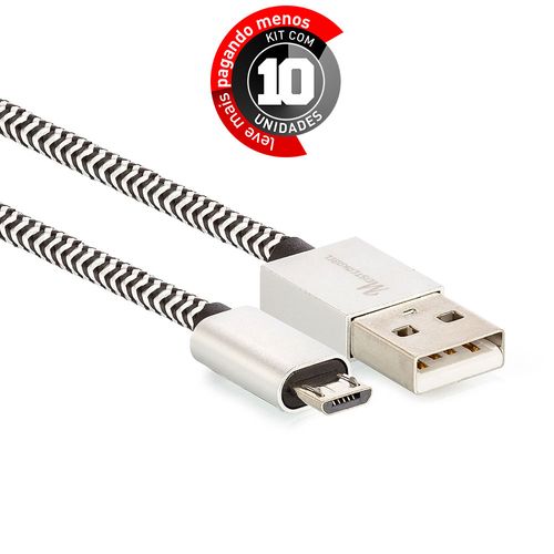 Kit 10 Cabo Micro USB para USB Revestido com Tecido - Preto - 2,5m