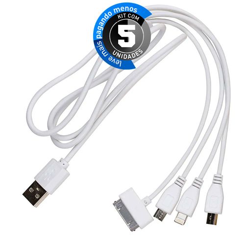 Kit 5 Cabos Carregador Universal 4 em 1 - iPhone, iPad, iPod e Android