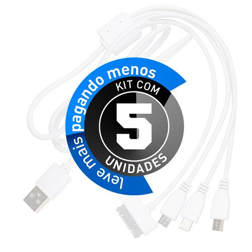 Kit 5 Cabos Carregador Universal 4 em 1 - iPhone, iPad, iPod e Android