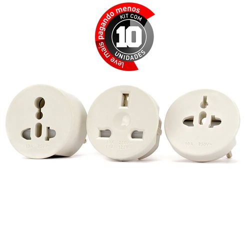 Kit com 10 Adaptador Universal de Tomadas 3x1 Branco 110v 220v