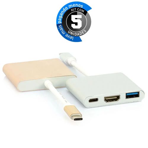 Kit com 5 Adaptadores USB 3.1-C Multiporta com USB, HDMI e USB-C Dourado