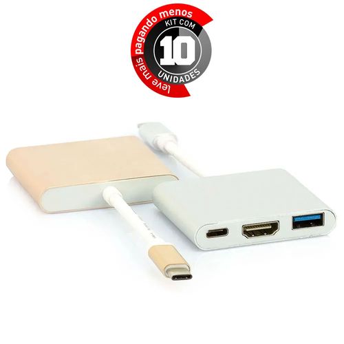 Kit com 10 Adaptadores USB 3.1-C Multiporta com USB, HDMI e USB-C Dourado